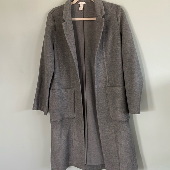 Grey Long Winter Pea Coat Open Front Jacket - Picture 3 of 8
